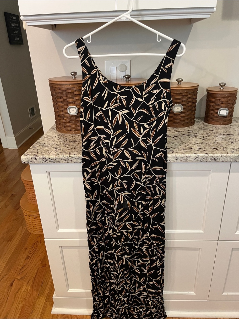 Black Maxi Dress with Beige Leaf Print